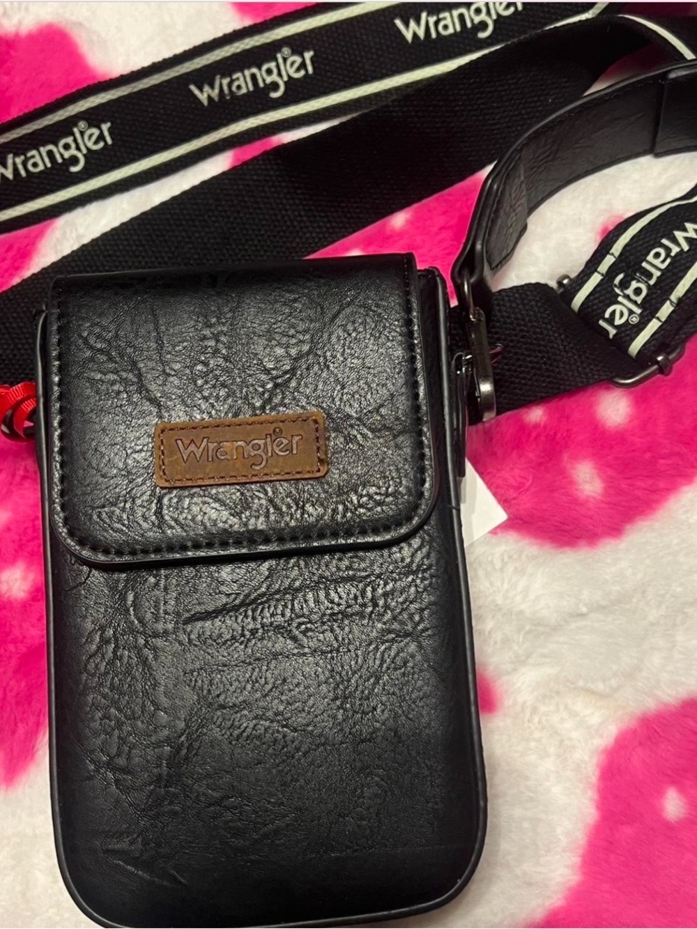 Wrangler Black Leatherette Crossbody Phone Pouch with Logo Patch
